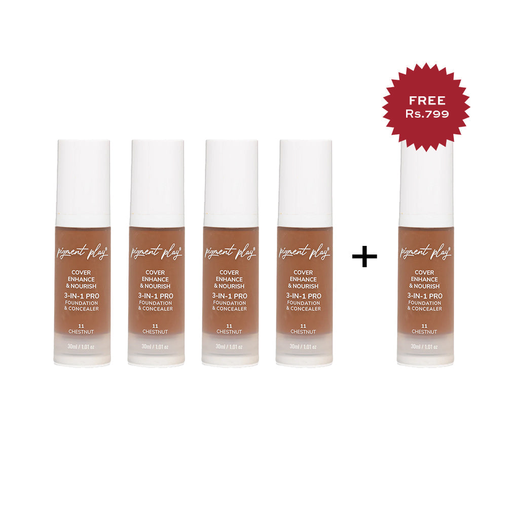 Pigment Play 3-In-1 Foundation & Concealer: Cover + Enhance + Nourish - 11 Chestnut 4pc Set + 1 Full Size Product Worth 25% Value Free