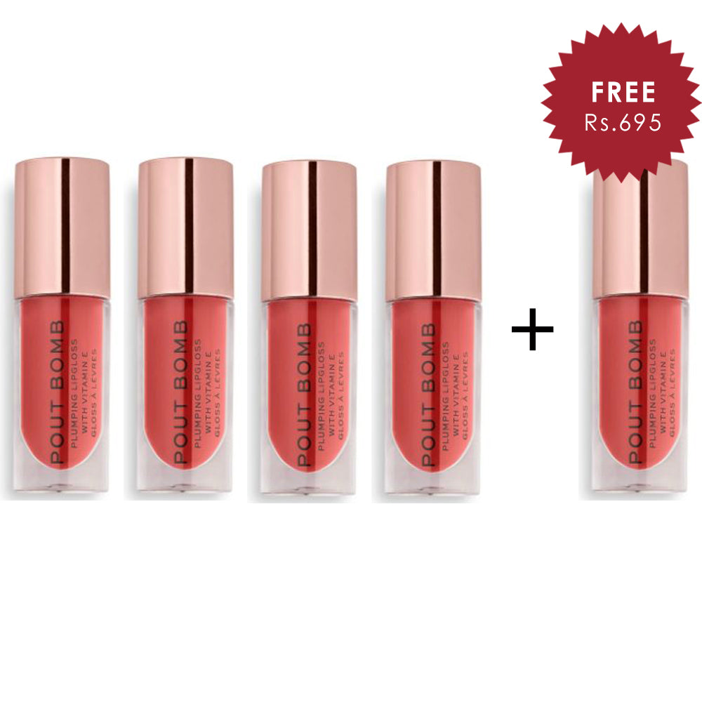 Revolution Pout Bomb Plumping Gloss Peachy Coral 4pc Set + 1 Full Size Product Worth 25% Value Free