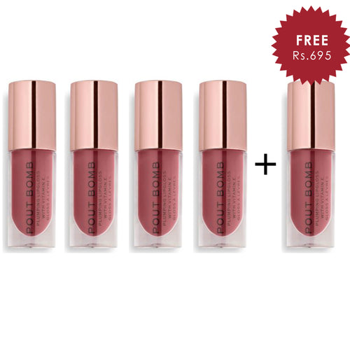 Revolution Pout Bomb Plumping Gloss Sauce Dusty Pink 4pc Set + 1 Full Size Product Worth 25% Value Free