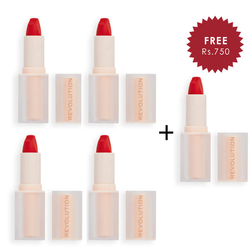 Makeup Revolution Lip Allure Soft Satin Lipstick Vibe Red 4pc Set + 1 Full Size Product Worth 25% Value Free