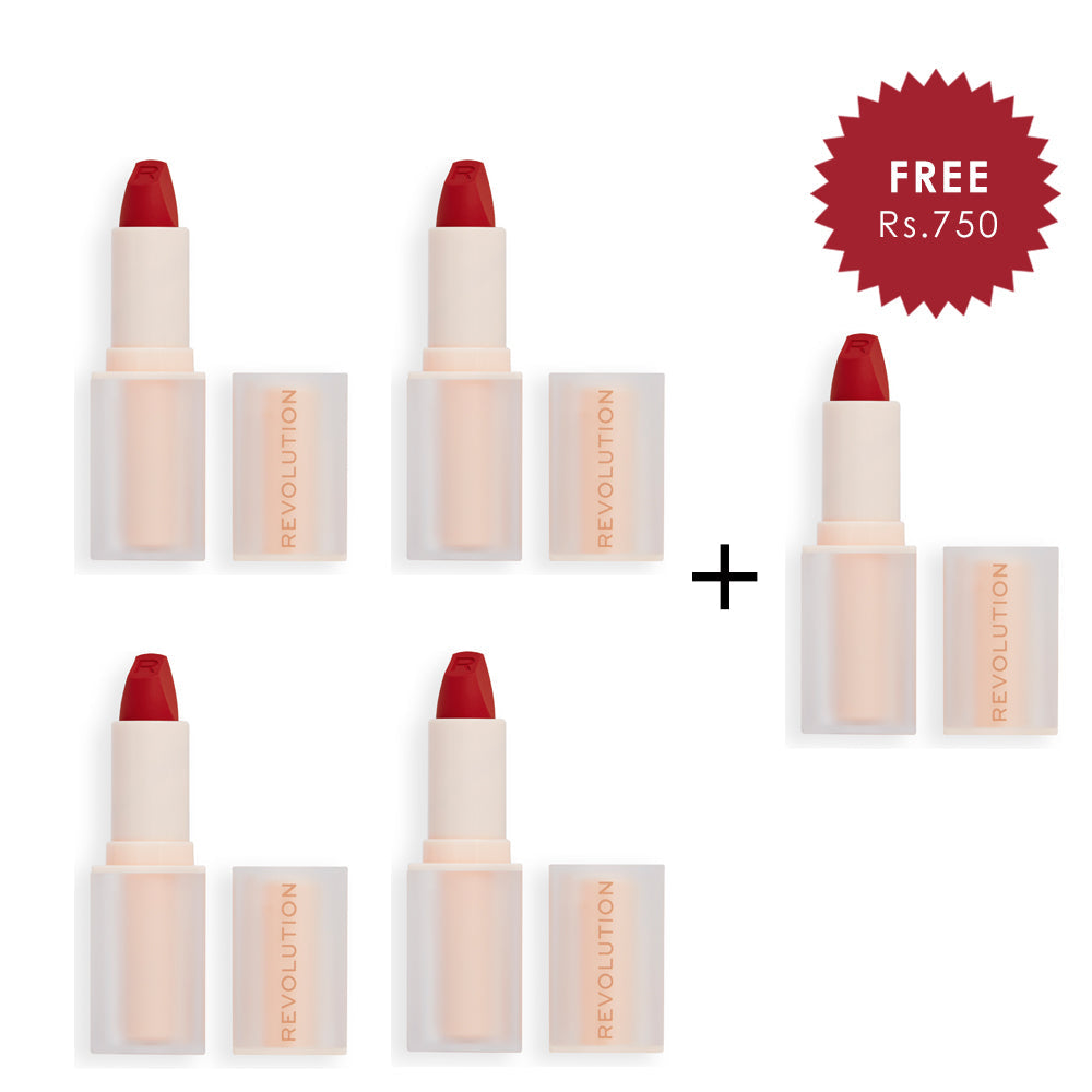 Makeup Revolution Lip Allure Soft Satin Lipstick CEO Brick Red 4pc Set + 1 Full Size Product Worth 25% Value Free