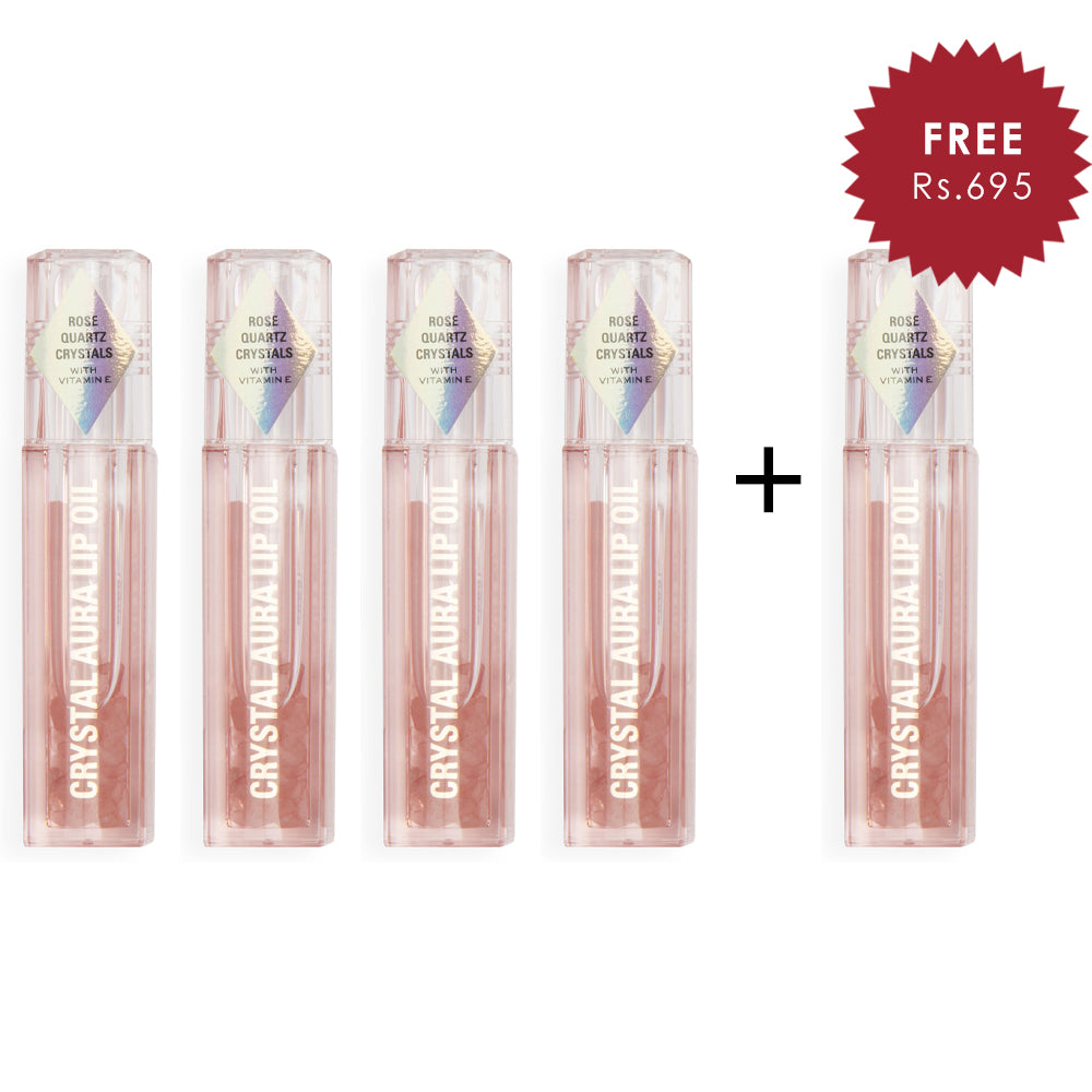 Makeup Revolution Crystal Aura Lip Oil Rose Quartz 4pc Set + 1 Full Size Product Worth 25% Value Free
