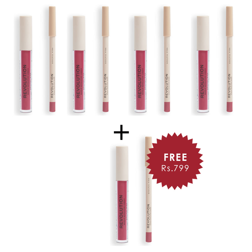 Makeup Revolution Lip Contour Kit Soulful Pink 4pc Set + 1 Full Size Product Worth 25% Value Free