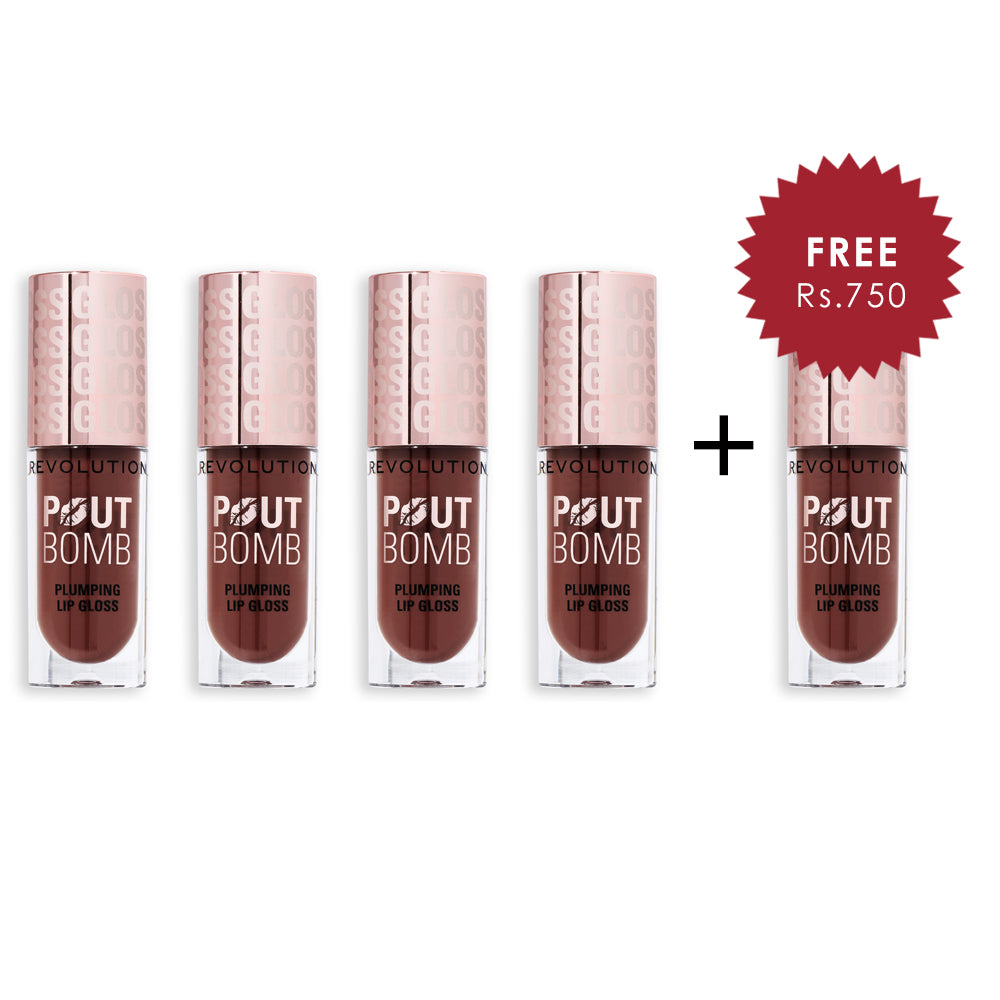 Revolution Pout Bomb Plumping Gloss Espresso Cool Nude 4pc Set + 1 Full Size Product Worth 25% Value Free