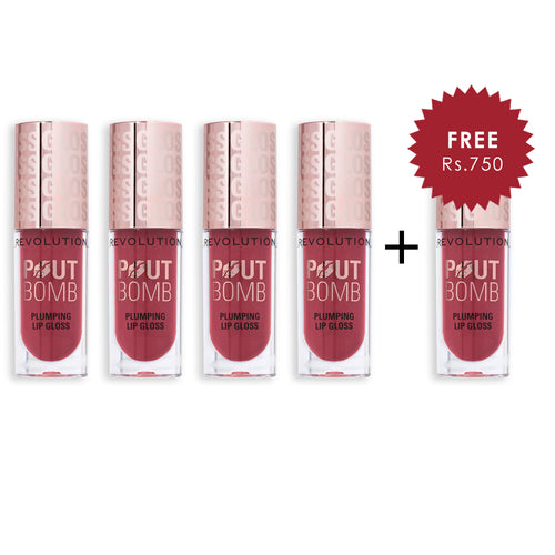 Revolution Pout Bomb Plumping Gloss Wild Mauve Pink 4pc Set + 1 Full Size Product Worth 25% Value Free