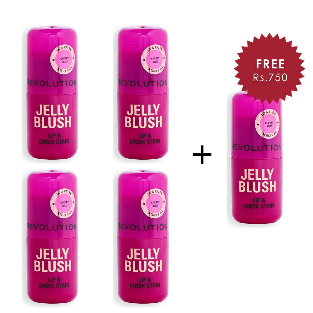 Revolution Jelly Blush Stick Lip and Cheek Stain Cherry Red 4pc Set + 1 Full Size Product Worth 25% Value Free