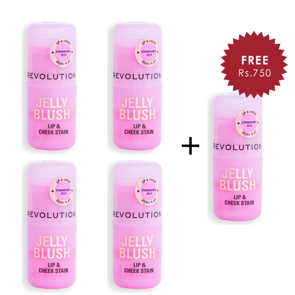 Revolution Jelly Blush Stick Lip and Cheek Stain Strawberry Pink 4pc Set + 1 Full Size Product Worth 25% Value Free