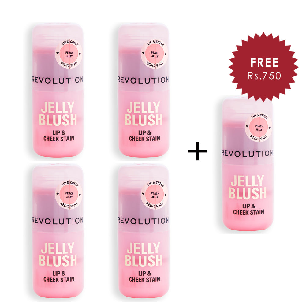 Revolution Jelly Blush Stick Lip and Cheek Stain Peach Orange 4pc Set + 1 Full Size Product Worth 25% Value Free