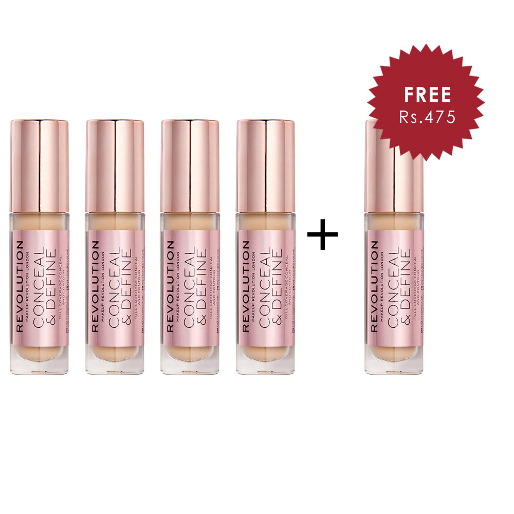 Makeup Revolution Conceal And Define Concealer - C5 4Pcs Set + 1 Full Size Product Worth 25% Value Free