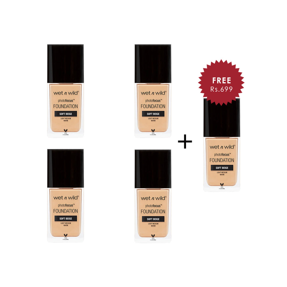 Wet N Wild Photo Focus Foundation - Soft Beige 4pc Set + 1 Full Size Product Worth 25% Value Free