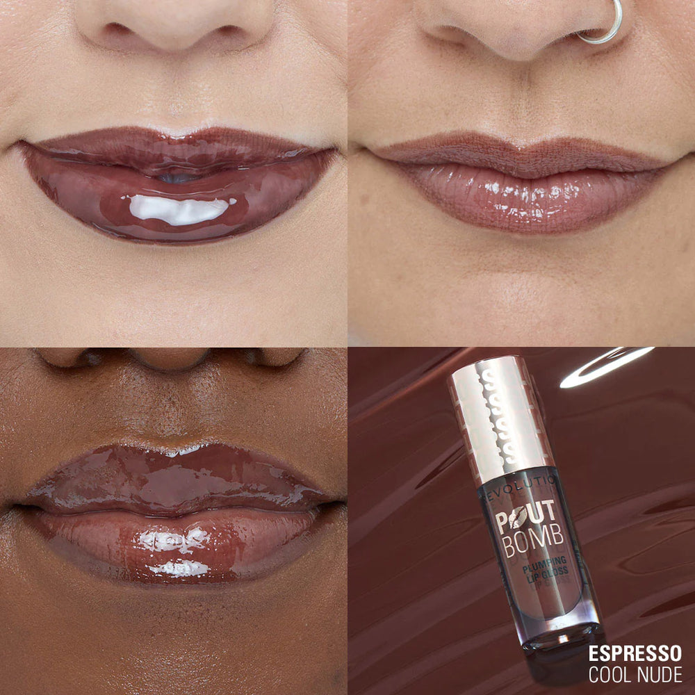 Revolution Pout Bomb Plumping Gloss Espresso Cool Nude 4pc Set + 1 Full Size Product Worth 25% Value Free