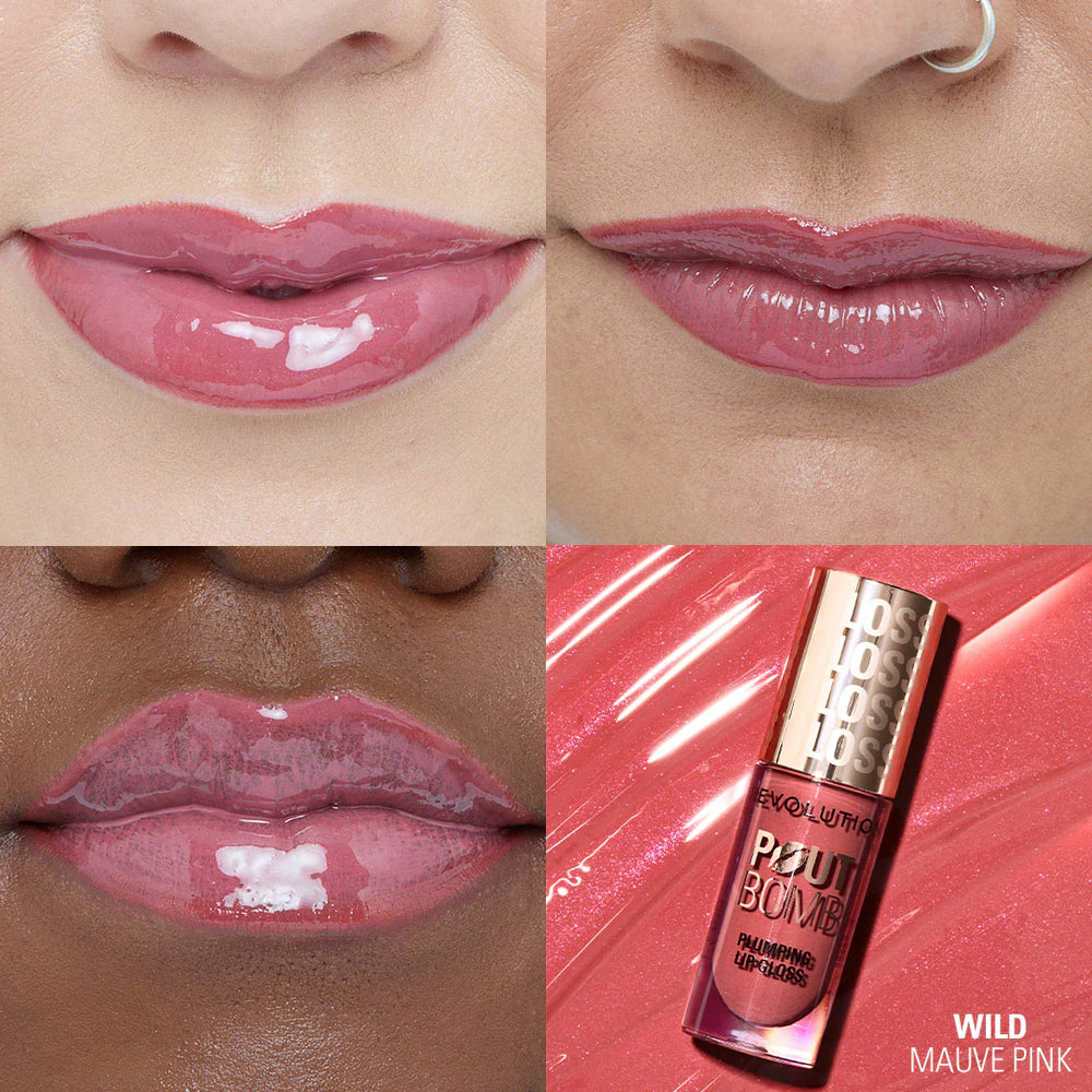 Revolution Pout Bomb Plumping Gloss Wild Mauve Pink 4pc Set + 1 Full Size Product Worth 25% Value Free