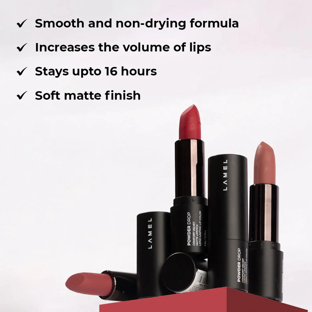 Lamel Powder Drop Matte Lipstick 401 Cold Beige 4pc Set + 1 Full Size Product Worth 25% Value Free