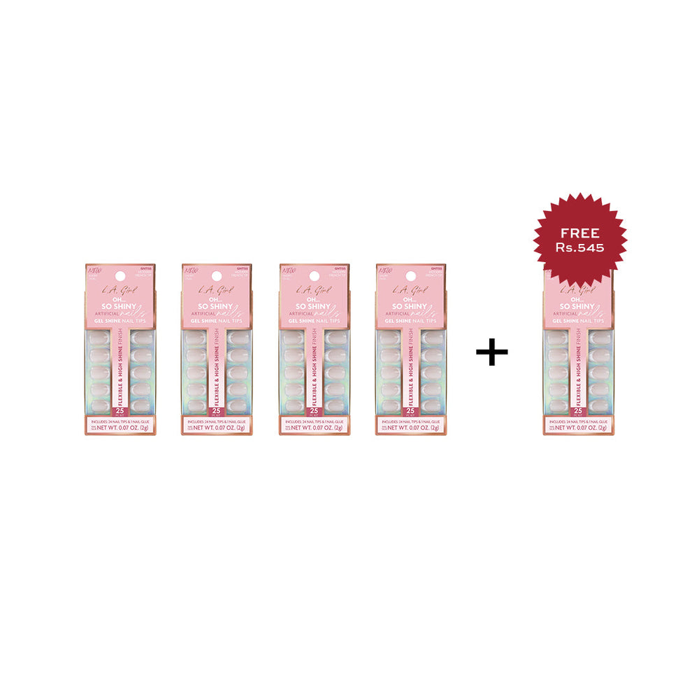 L.A.Girl Oh So Shiny Artificial Nail Tips-Modern French Tip -25Pc Kit 4pc Set + 1 Full Size Product Worth 25% Value Free