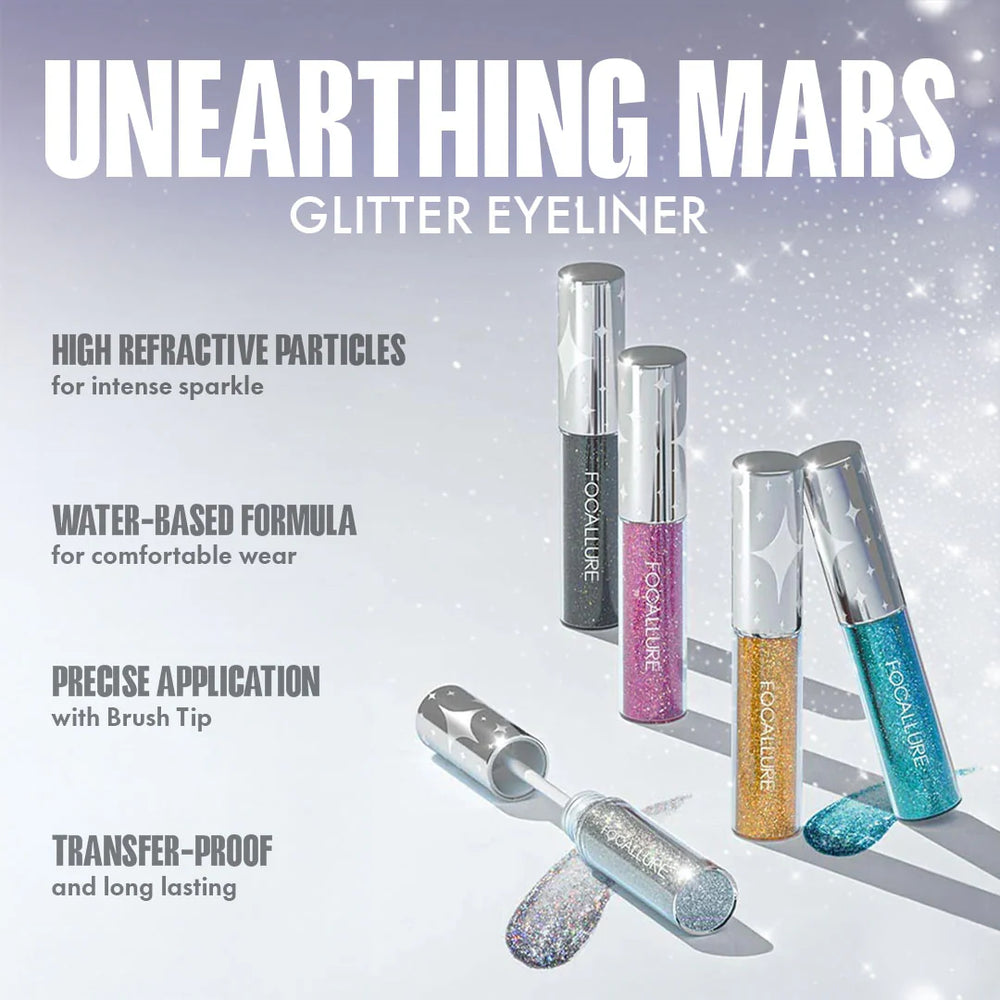 Focallure Unearthing Mars Glitter Eyeliner #BK06 Dark Night 4pc Set + 1 Full Size Product Worth 25% Value Free