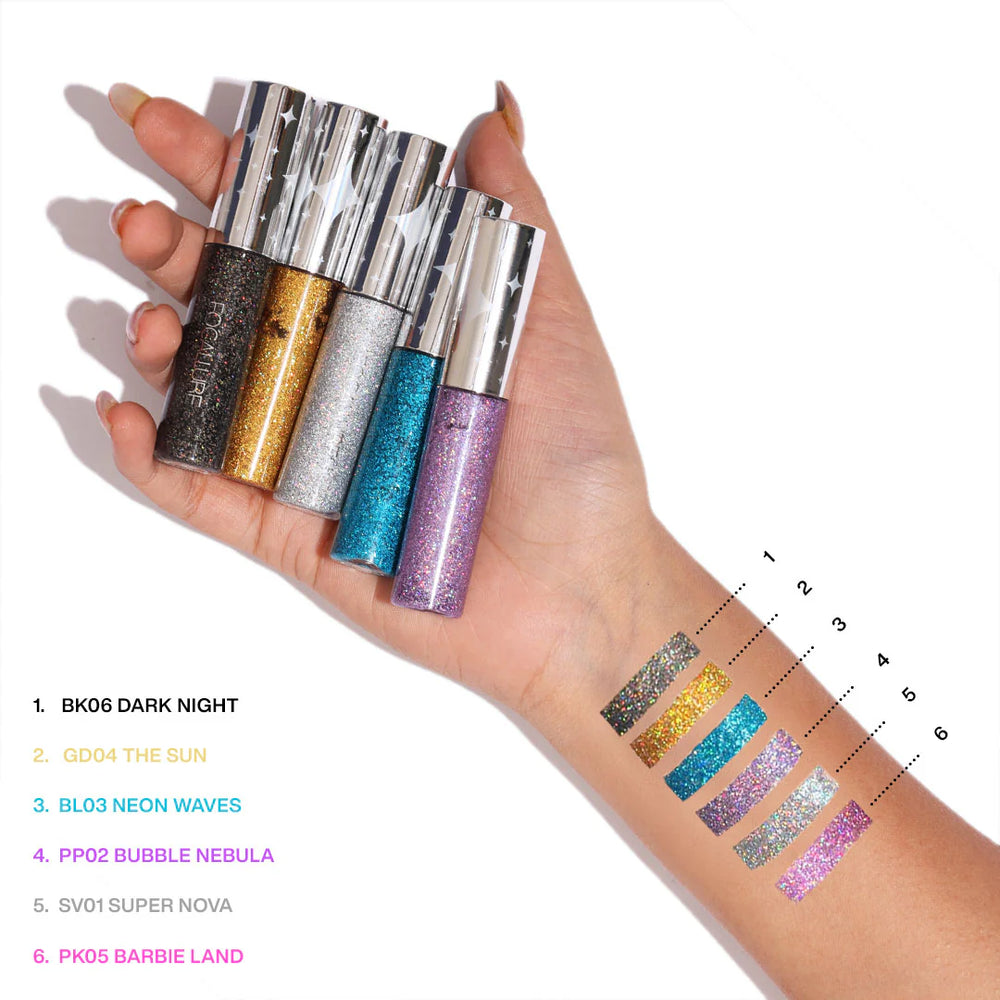 Focallure Unearthing Mars Glitter Eyeliner #BK06 Dark Night 4pc Set + 1 Full Size Product Worth 25% Value Free