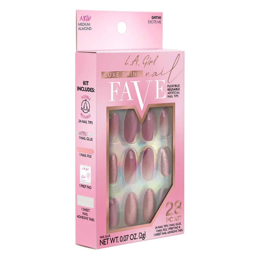 L.A.Girl Luxe Shine Nail Fave Artificial Nail Tips-Excite Me -28 Pc Kit 4pc Set + 1 Full Size Product Worth 25% Value Free