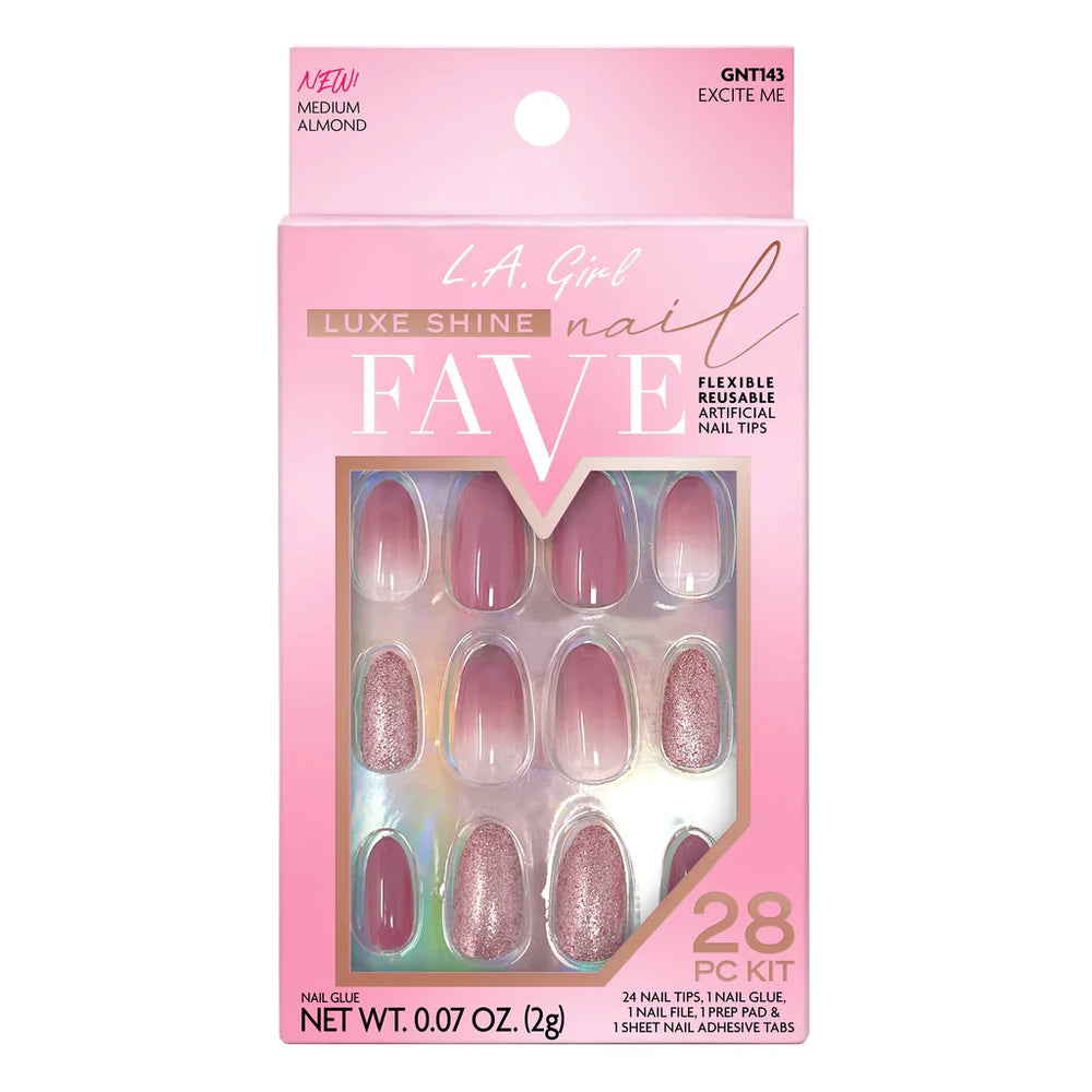 L.A.Girl Luxe Shine Nail Fave Artificial Nail Tips-Excite Me -28 Pc Kit 4pc Set + 1 Full Size Product Worth 25% Value Free