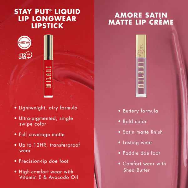 Milani Stay Put Liquid Lip Longwear Lipstick Red Flag 4pc Set + 1 Full Size Product Worth 25% Value Free