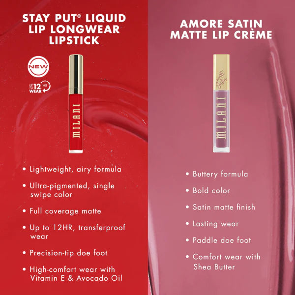 Milani Stay Put Liquid Lip Longwear Lipstick Glow Up 4pc Set + 1 Full Size Product Worth 25% Value Free
