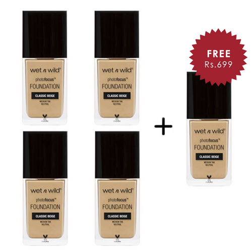 Wet N Wild Photo Focus Foundation - Classic Beige 4pc Set + 1 Full Size Product Worth 25% Value Free