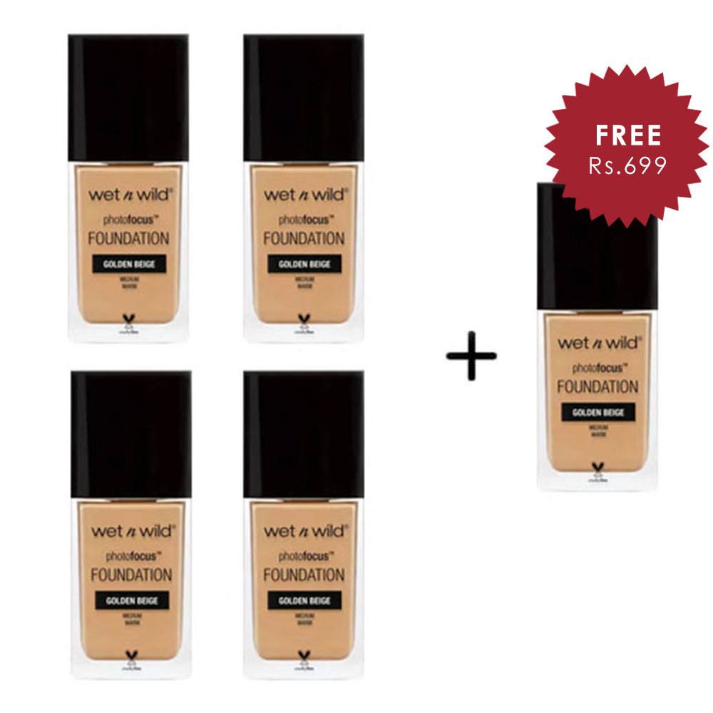 Wet N Wild Photo Focus Foundation - Golden Beige 4pc Set + 1 Full Size Product Worth 25% Value Free