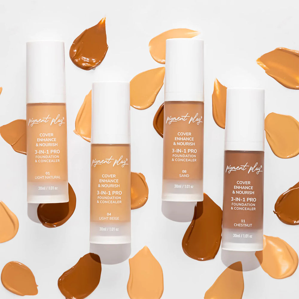 Pigment Play 3-In-1 Foundation & Concealer: Cover + Enhance + Nourish - 08 Sand 4pc Set + 1 Full Size Product Worth 25% Value Free