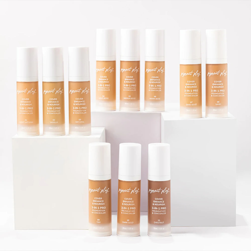Pigment Play 3-In-1 Foundation & Concealer: Cover + Enhance + Nourish - 09 Tan 4pc Set + 1 Full Size Product Worth 25% Value Free