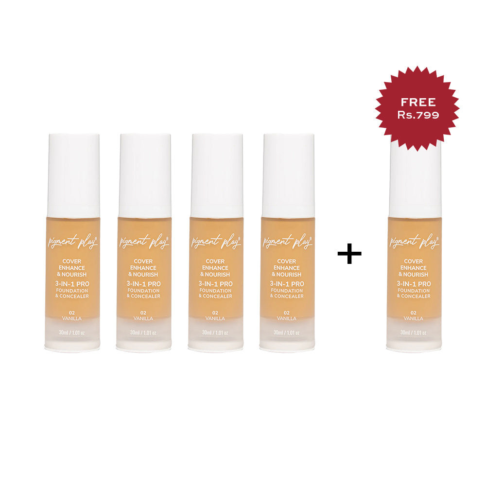 Pigment Play 3-In-1 Foundation & Concealer: Cover + Enhance + Nourish - 02 Vanilla 4pc Set + 1 Full Size Product Worth 25% Value Free