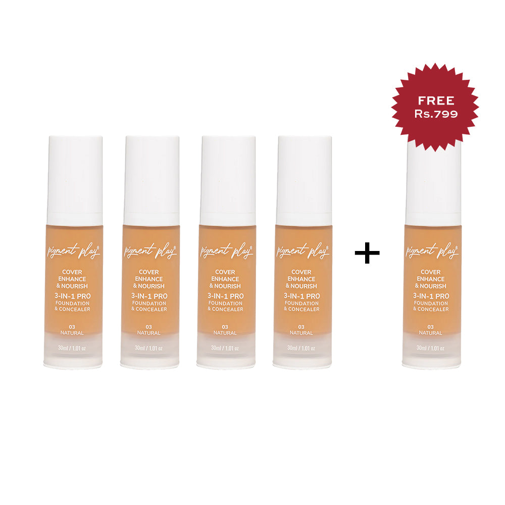Pigment Play 3-In-1 Foundation & Concealer: Cover + Enhance + Nourish - 03 Natural  4pc Set + 1 Full Size Product Worth 25% Value Free