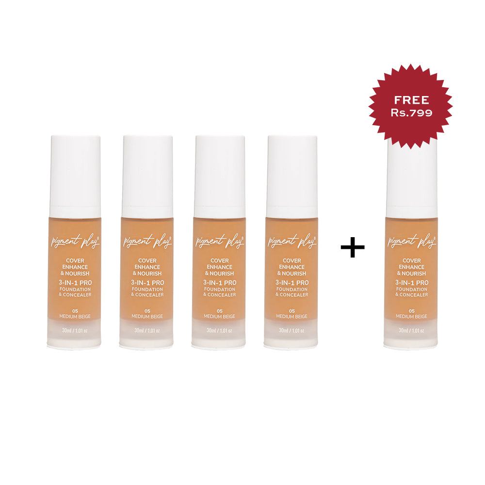 Pigment Play 3-In-1 Foundation & Concealer: Cover + Enhance + Nourish - 05 Medium Beige 4pc Set + 1 Full Size Product Worth 25% Value Free