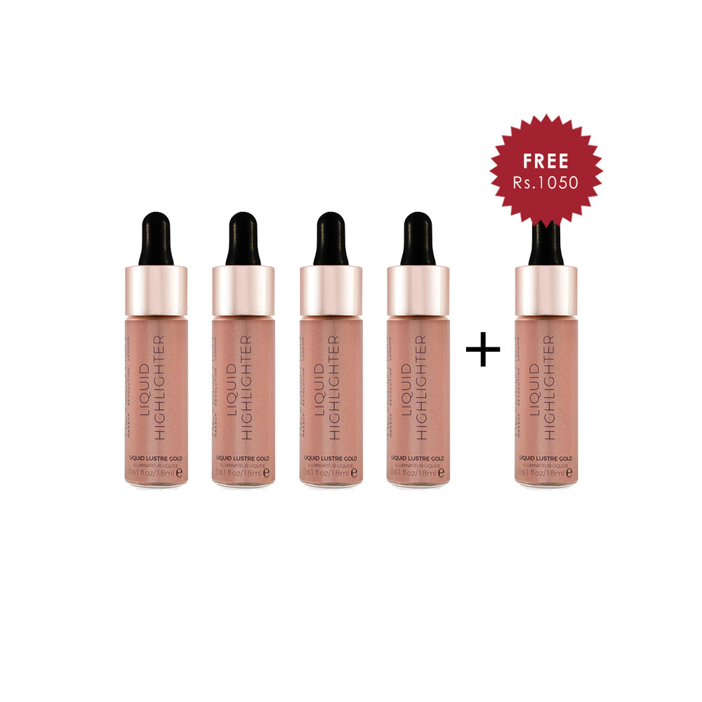 Makeup Revolution Liquid Highlighter Liquid Lustre Gold 4pc Set + 1 Full Size Product Worth 25% Value Free