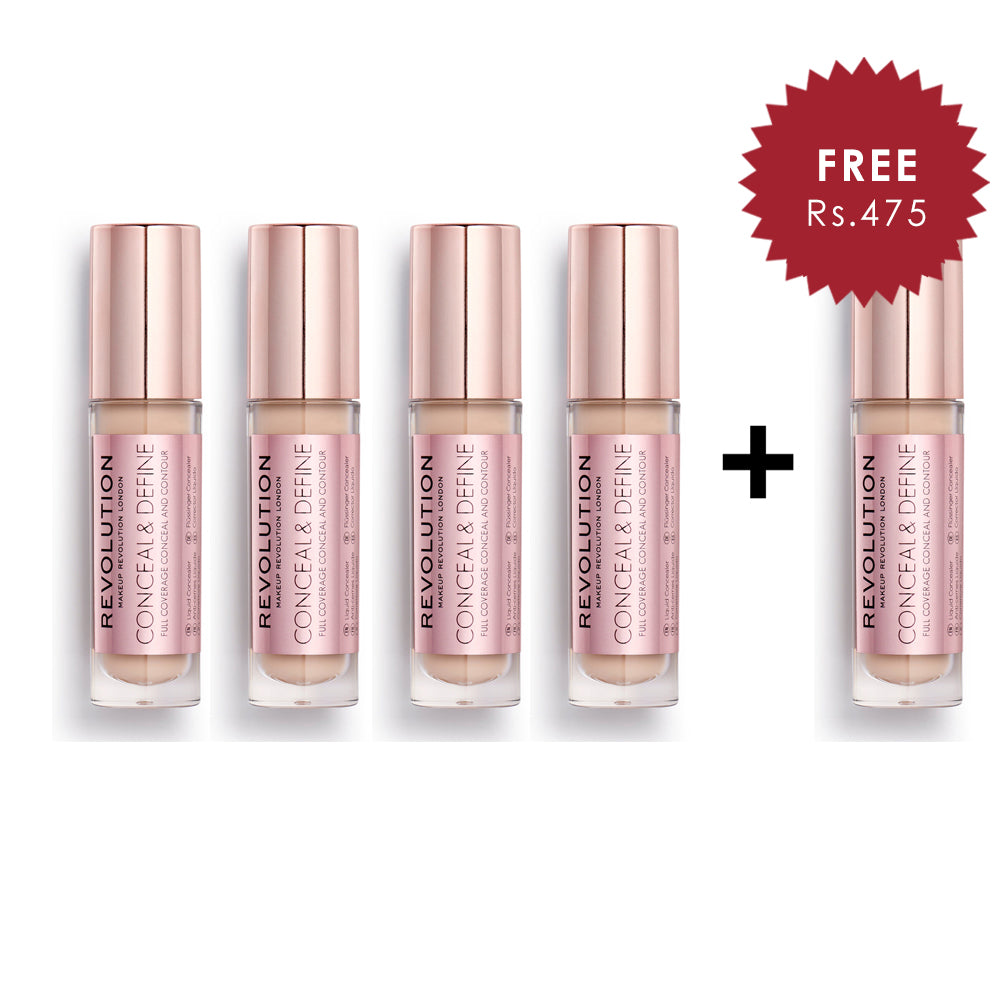 Makeup Revolution Conceal and Define Concealer - C4 4pc Set + 1 Full Size Product Worth 25% Value Free