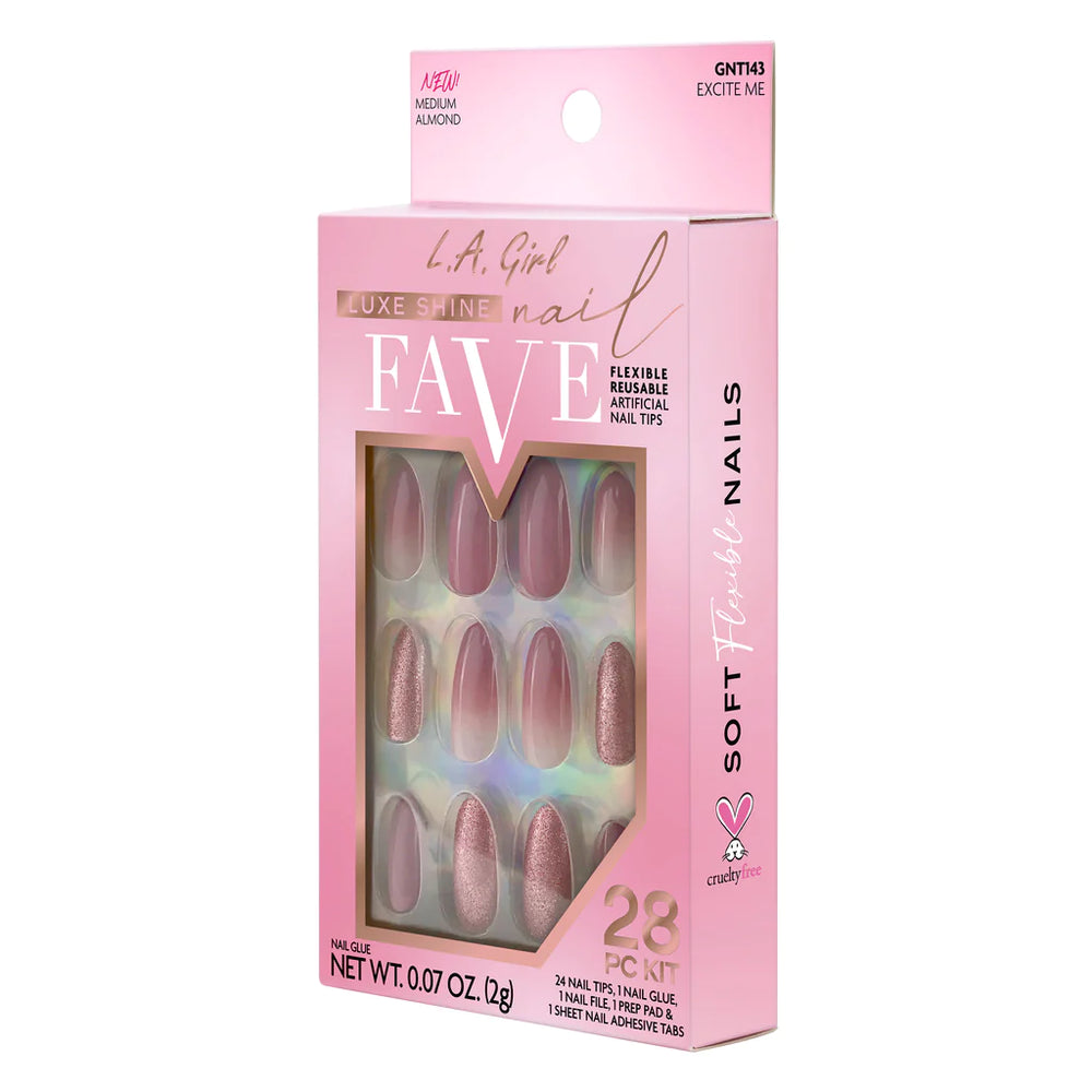 L.A.Girl Luxe Shine Nail Fave Artificial Nail Tips-Excite Me -28 Pc Kit 4pc Set + 1 Full Size Product Worth 25% Value Free