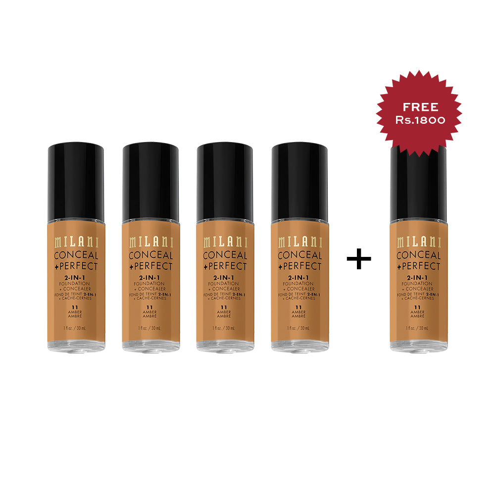 Milani Conceal + Perfect 2-in-1 Foundation + Concealer - Amber 4pc Set + 1 Full Size Product Worth 25% Value Free