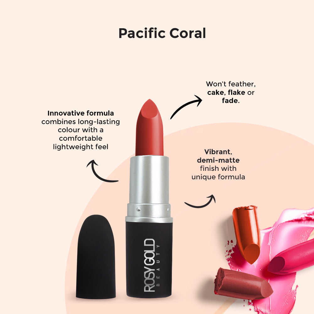 Rosy Gold Matte Lipstick Pacific Coral  M1 4pc Set + 1 Full Size Product Worth 25% Value Free