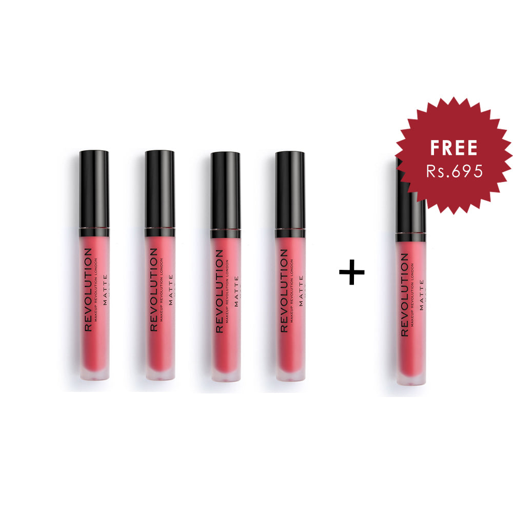 Makeup Revolution Rouge 141 Matte Lip 4Pcs Set + 1 Full Size Product Worth 25% Value Free